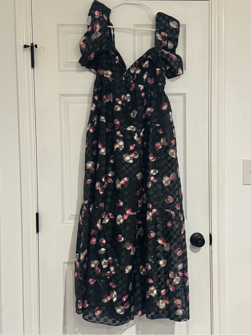 Buddy Love Black Floral Midi Dress with Pink and Cream Flowers
